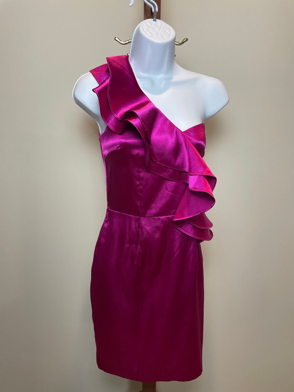 Hailey Logan by Adrianna Papell Satin One Shoulder Ruffle Dress Size M Pink